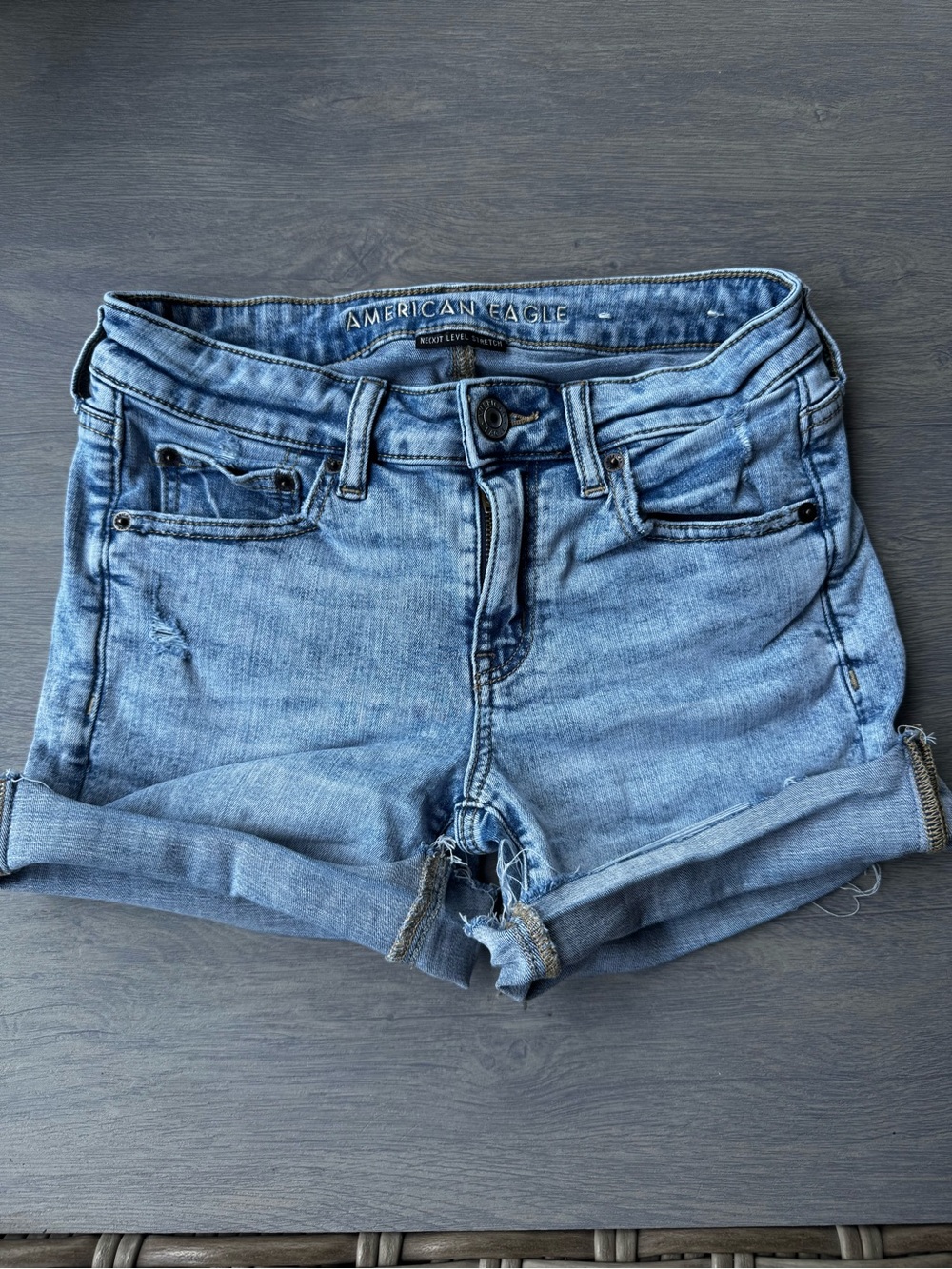 American Eagle Outfitters Light Blue Denim Roll-Cuff Shorts Next Level Stretch